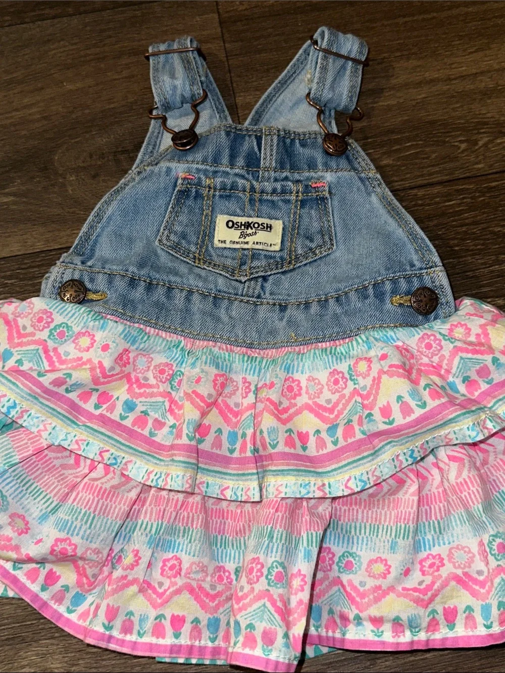 OshKosh B'gosh Denim Overall ruffle dress with Pink and Aqua Pattern